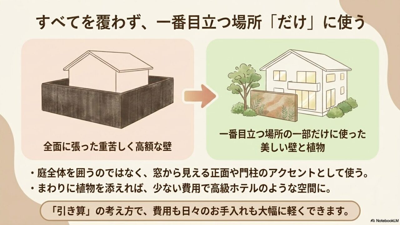 庭全体を覆わず、一番目立つ場所だけにエバーアートボードを使った引き算の庭作りのイメージ