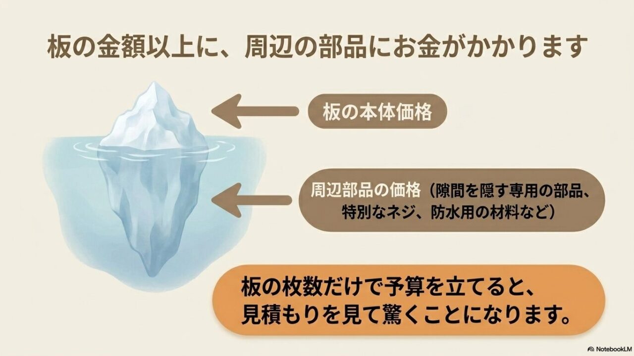 板の金額以上にかかる専用部品や防水材料などの周辺部品コストの図解