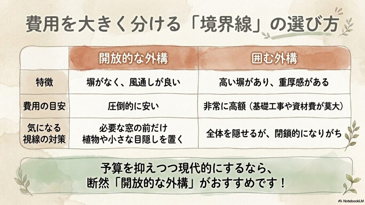 費用が安いオープン外構と、重厚なクローズド外構の費用・特徴比較スライド