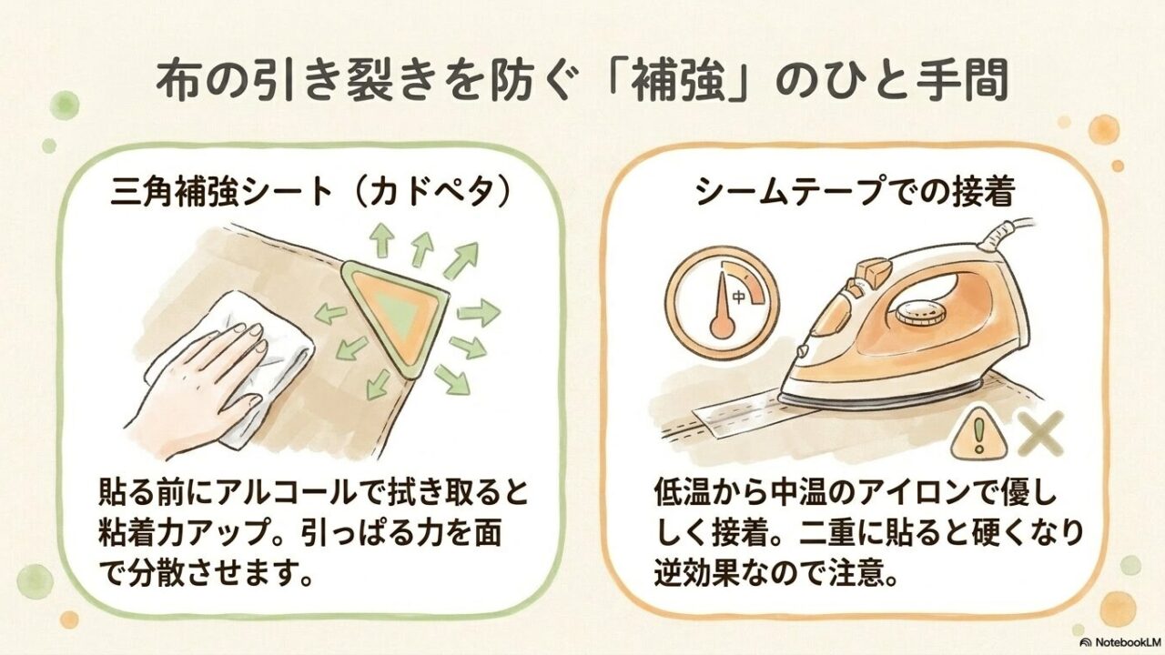 布の引き裂きを防ぐ三角補強シートとシームテープの正しい接着方法