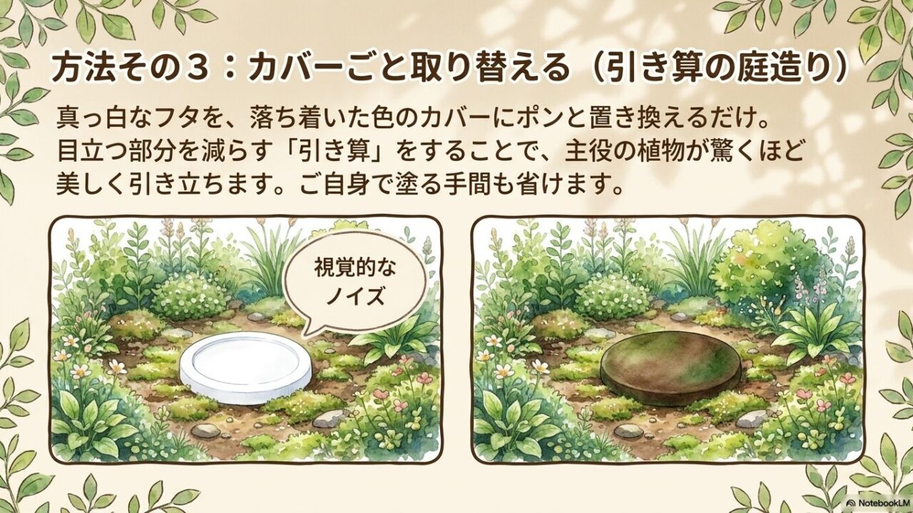 真っ白なフタを落ち着いた色のカバーに置き換え、視覚的なノイズを減らして植物を引き立たせる方法