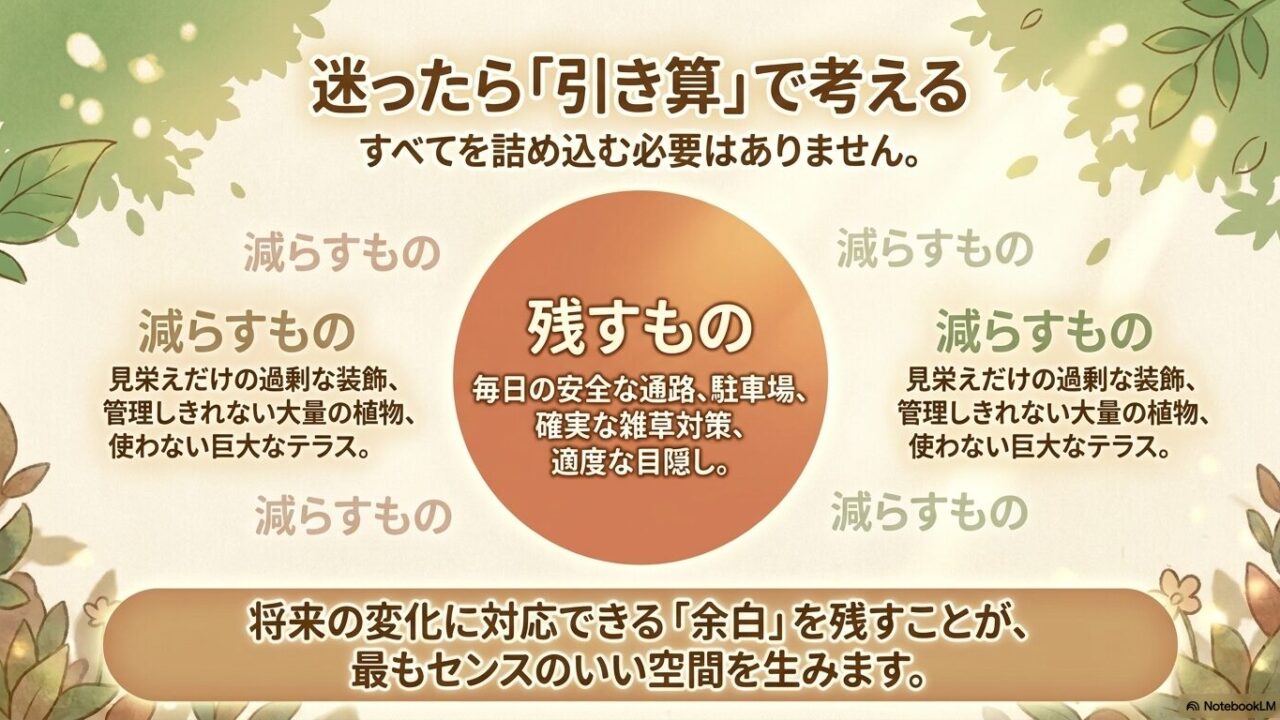 過剰な装飾や大量の植物を減らし、安全な通路や確実な雑草対策を残して余白を生む引き算の思考