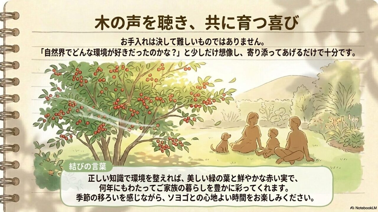 正しい知識で環境を整え、季節の移ろいを感じながらソヨゴと共に心地よい時間を過ごす家族の風景