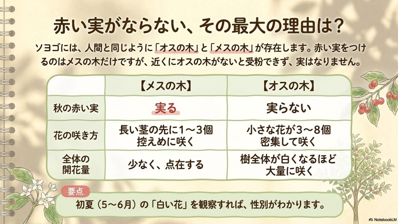 赤い実がなるメスの木と、花が大量に密集して咲くオスの木の違いと、初夏の花の咲き方による性別の見分け方