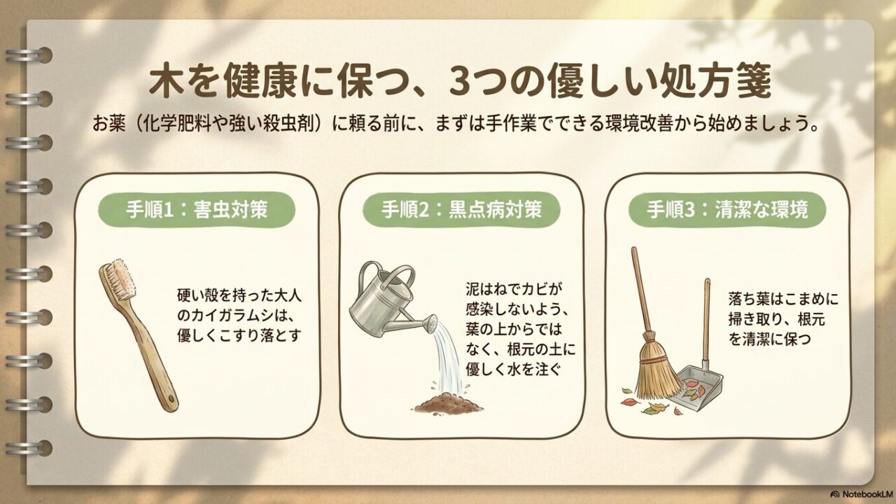 カイガラムシを手作業で優しくこすり落とす害虫対策、泥はねを防ぐため根元に水を注ぐ黒点病対策、落ち葉を掃き取る清潔な環境づくりの3ステップ