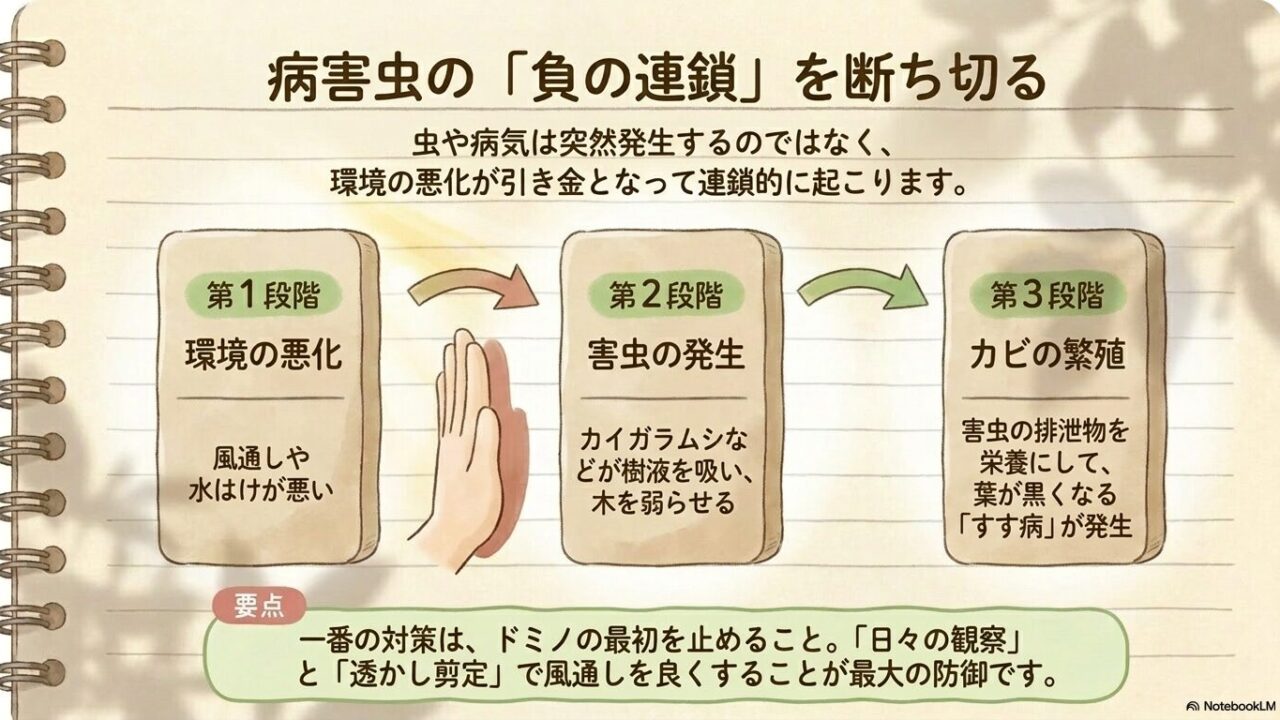 風通しや水はけなどの環境悪化からカイガラムシが発生し、その排泄物を栄養にしてすす病などのカビが繁殖する病害虫のドミノ現象
