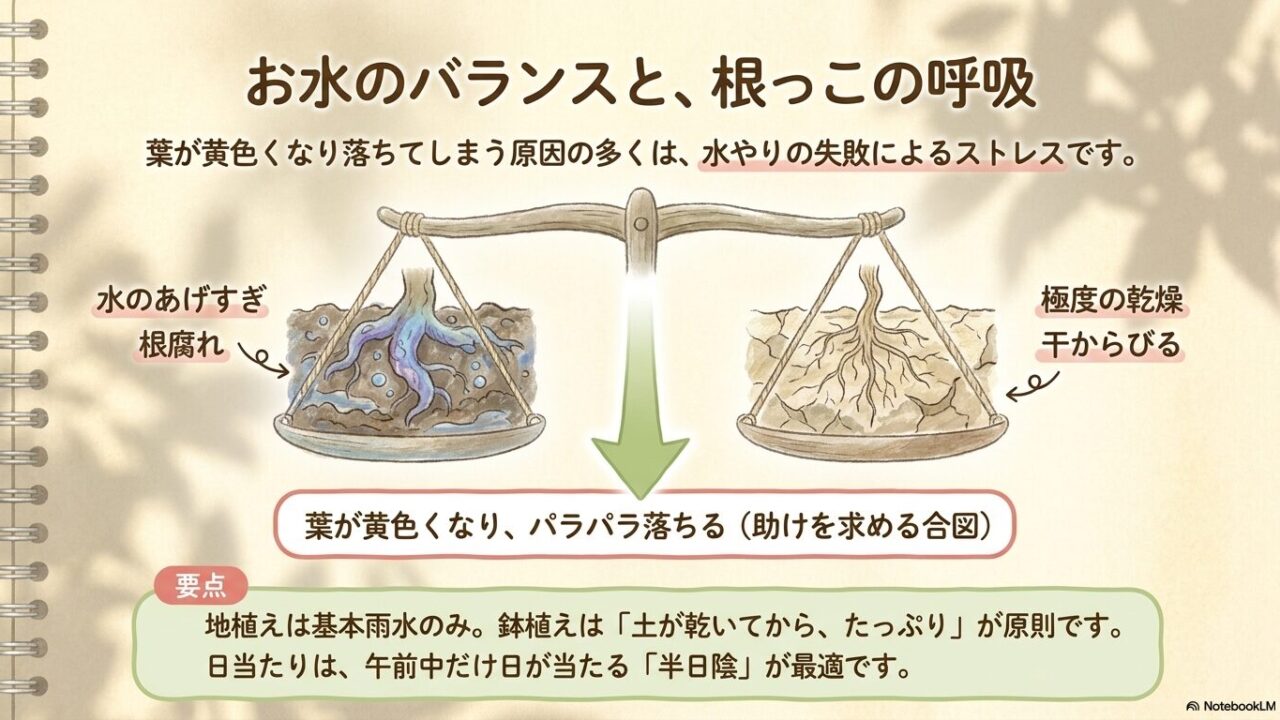 水のあげすぎによる根腐れや極度の乾燥が原因で、ソヨゴの葉が黄色くなりパラパラと落ちてしまうストレスのメカニズム