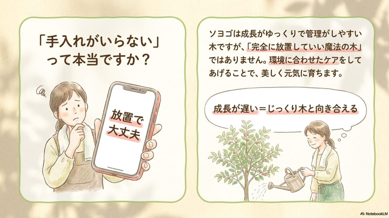 ソヨゴは成長が遅く管理しやすい木ですが、放置で大丈夫というわけではなく、環境に合わせたケアが必要です