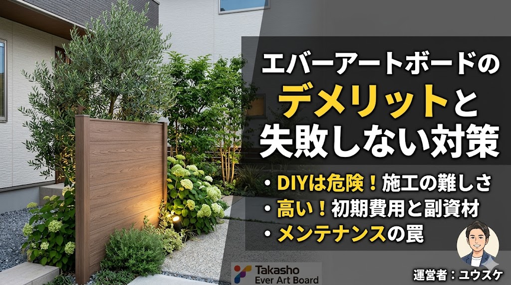 タカショーのエバーアートボードのデメリットと失敗しない対策を解説するブログ用サムネイル画像。おしゃれな木目調フェンスと植栽の庭の写真を背景に、「DIYは危険！施工の難しさ」「高い！初期費用と副資材」「メンテナンスの罠」というポイントが記載されています。