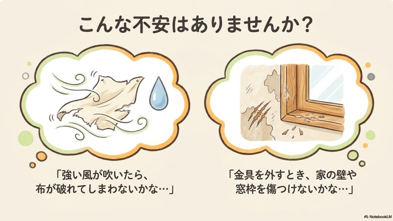 強い風による布の破れや、金具を外す際の壁や窓枠の傷への不安を表現したイラスト