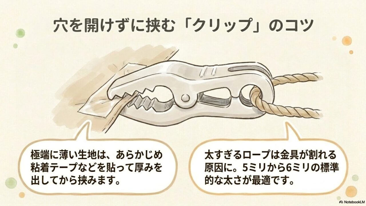 タープクリップ使用時の生地の厚み出しと、最適なロープの太さの解説