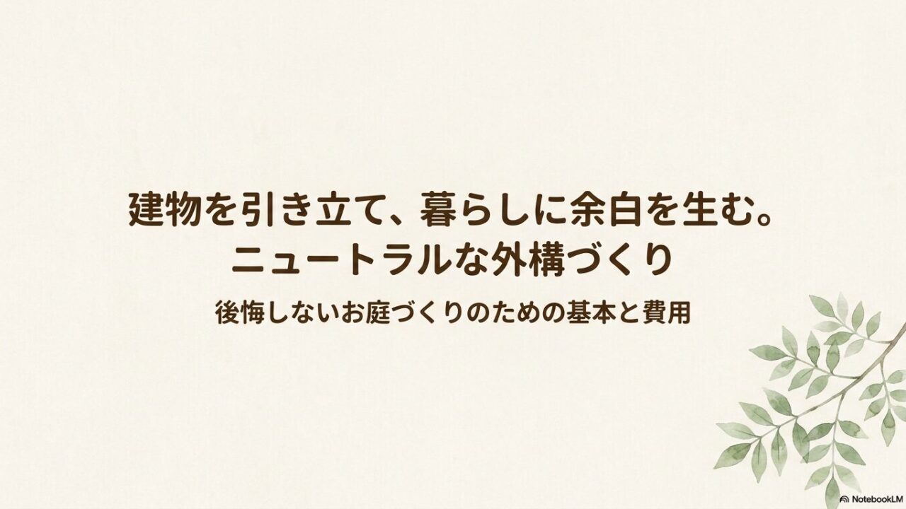 建物を引き立て暮らしに余白を生む、ニュートラルな外構づくりと後悔しないお庭づくりの基本を解説する表紙スライド