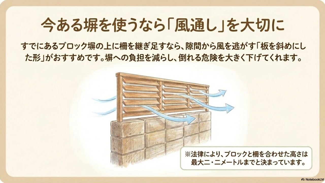 既存のブロック塀の上に設置する風通しの良い斜め板(ルーバー)の柵