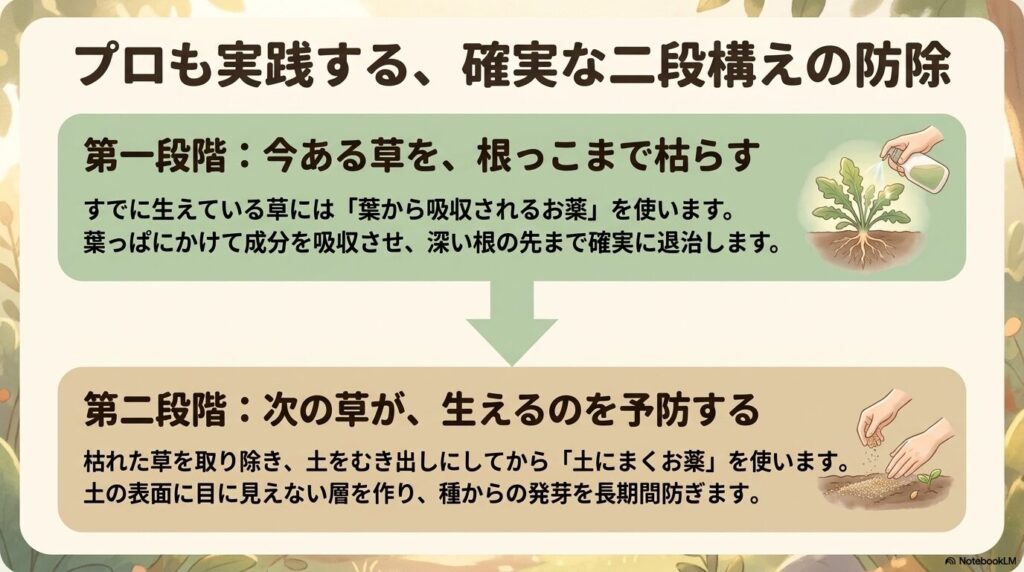 茎葉処理剤で今ある草を枯らし、土壌処理剤で次の発芽を予防するプロの二段構え防除法