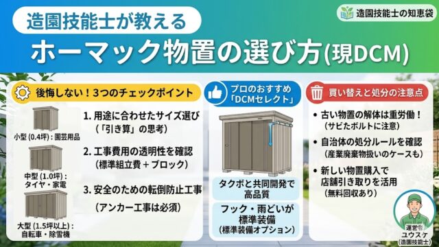 ホームセンターのホーマック（現DCM）で販売されている物置の選び方、設置に必要な工事費用の内訳、古い物置の処分方法を、造園技能士が解説するスライドのキャプチャー画像。DCMセレクト物置の特徴や、用途別のサイズ目安表、標準組立費と転倒防止工事（アンカー工事）の重要性がまとめられている。