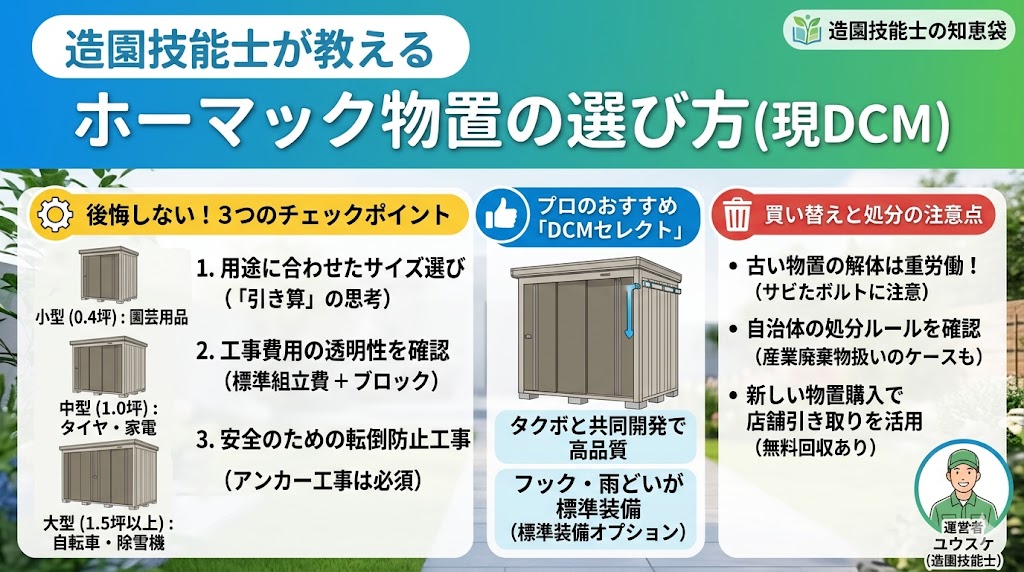 ホームセンターのホーマック（現DCM）で販売されている物置の選び方、設置に必要な工事費用の内訳、古い物置の処分方法を、造園技能士が解説するスライドのキャプチャー画像。DCMセレクト物置の特徴や、用途別のサイズ目安表、標準組立費と転倒防止工事（アンカー工事）の重要性がまとめられている。