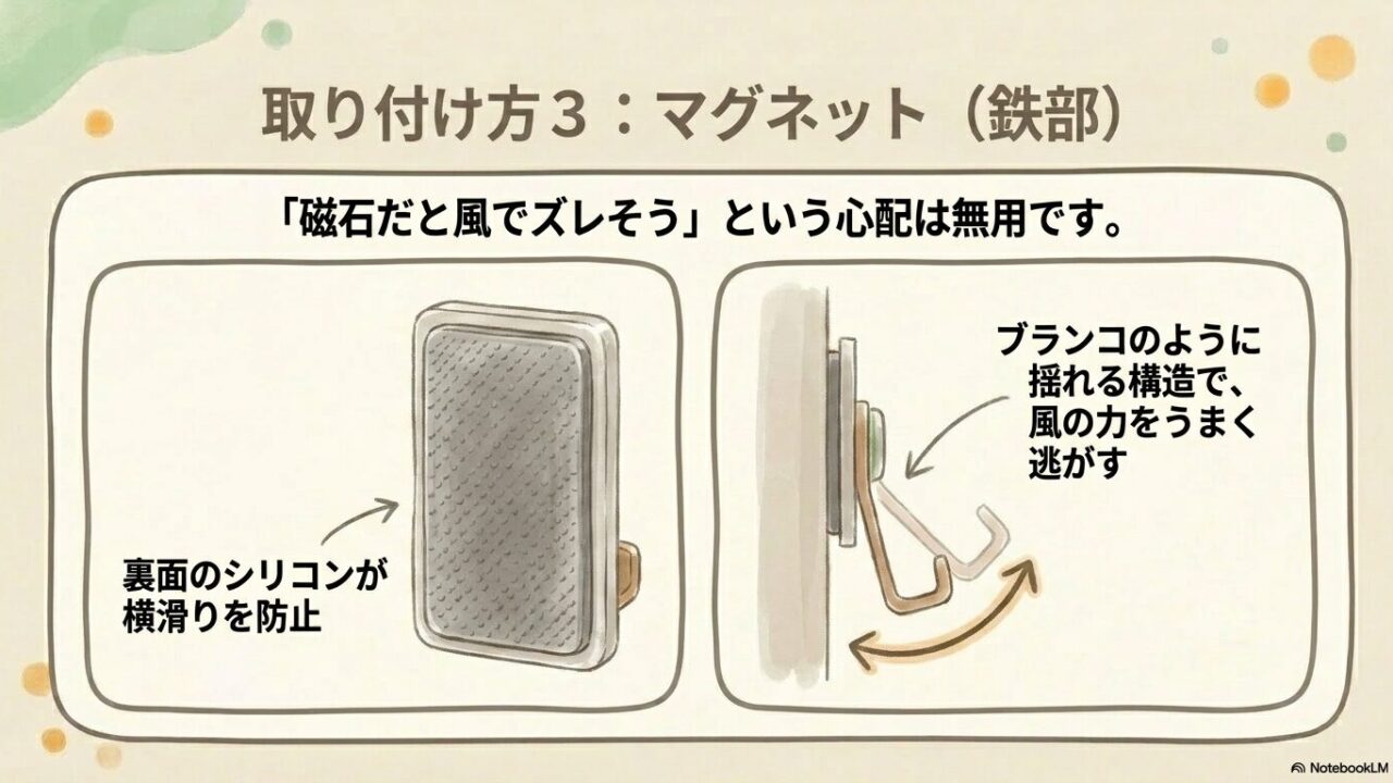 横滑りを防ぐシリコンと、風の力を逃がすスイング構造を持つマグネット金具の仕組み