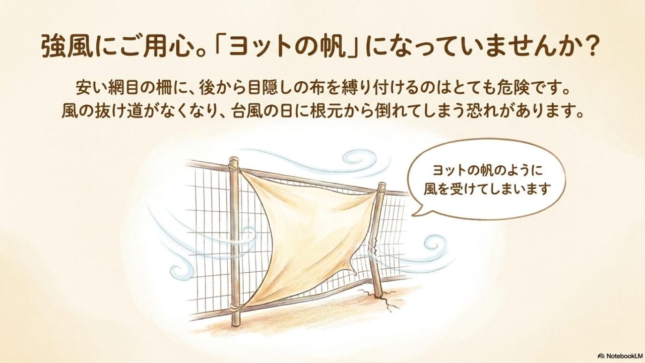 安い網目の柵に目隠し布を張るとヨットの帆のように風を受けて倒れる危険性