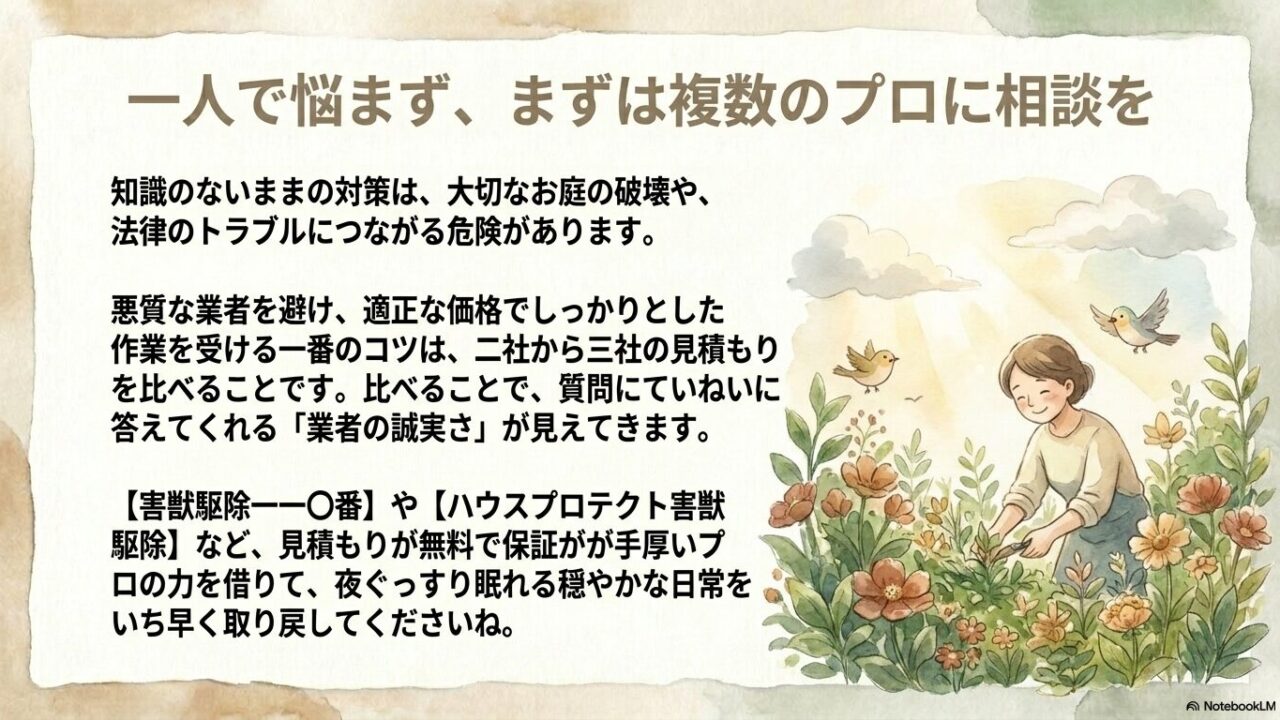 悪質業者を避け適正価格で依頼するために、複数の業者から相見積もりを取り、誠実さを比較検討することを推奨するスライド