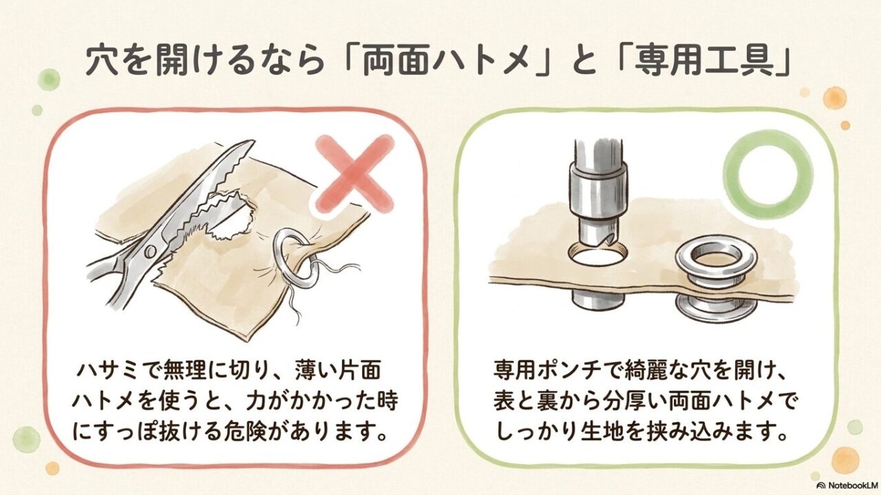 ハサミで無理に切って片面ハトメを使う危険性と、専用ポンチと両面ハトメの正しい使い方