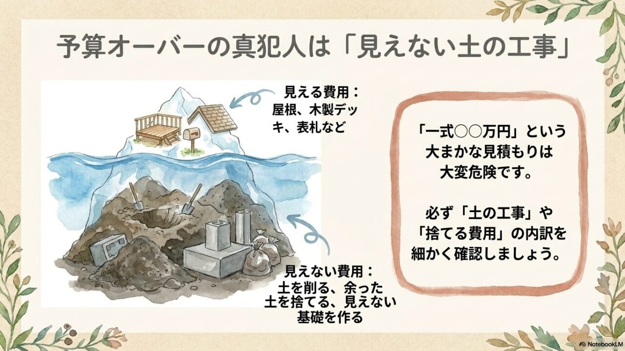 外構費用の内訳で注意すべき、土工事や残土処分費などの見えない費用の解説スライド