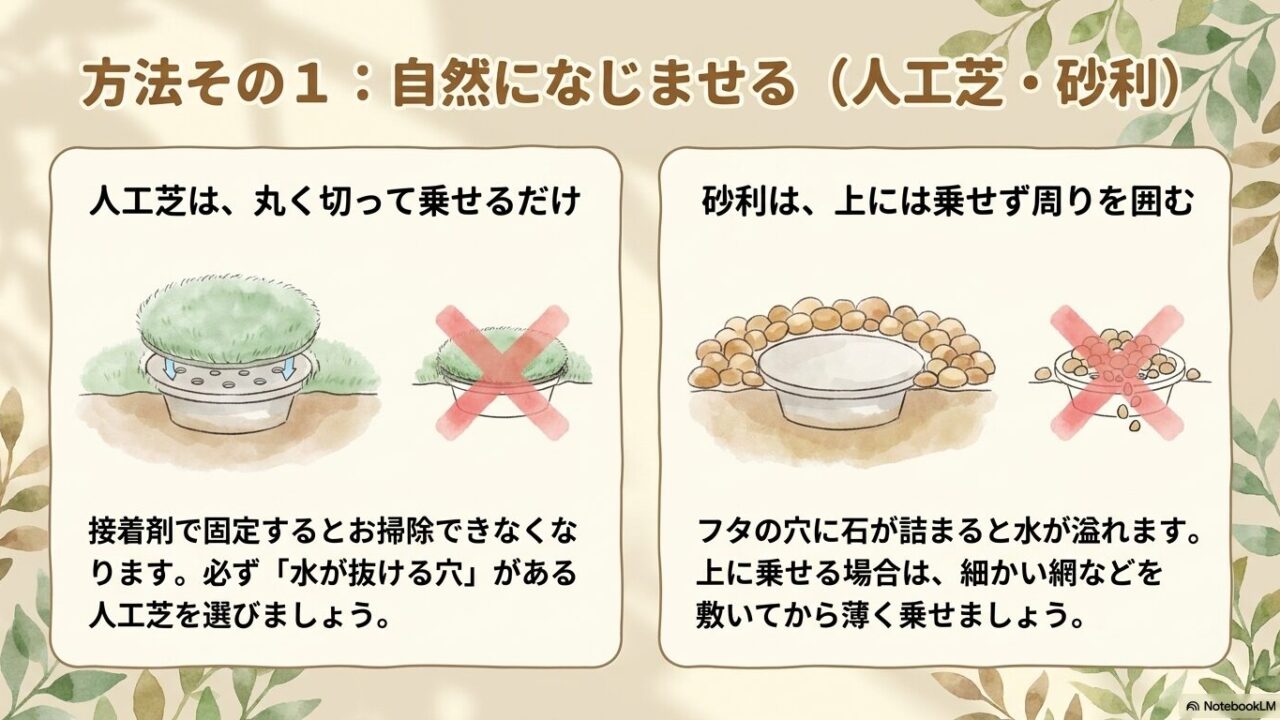 接着剤で固定せず人工芝を丸く切って乗せる方法と、フタの上に砂利を乗せず周りを囲む方法。