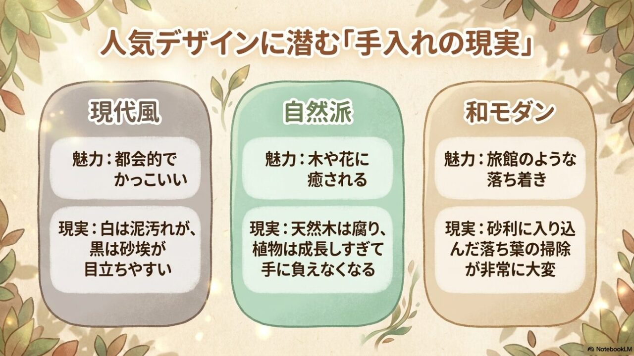 モダン、自然派、和モダンの各外構デザインにおける魅力と、泥汚れや植物の成長などの現実的な手入れの対比表