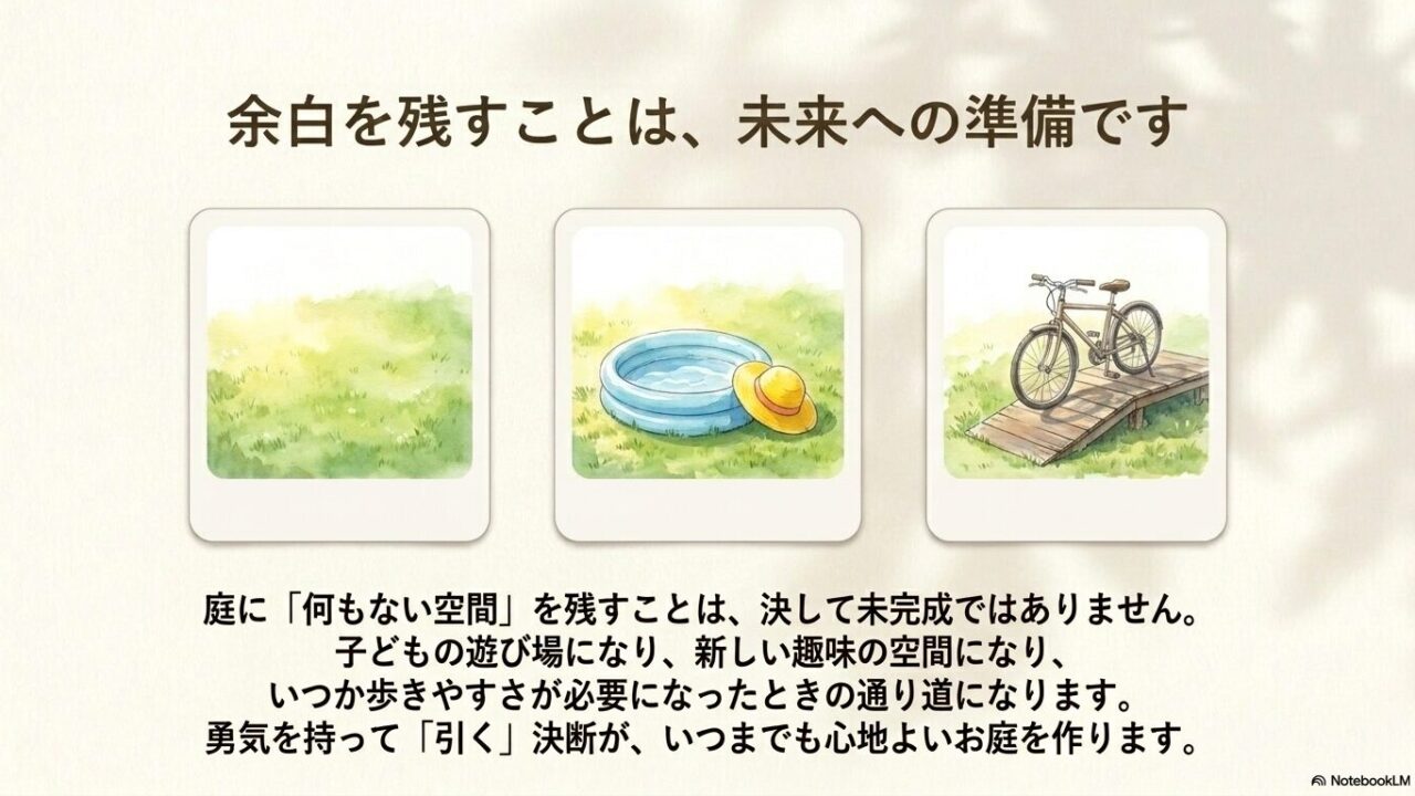 子どものプールや新しい趣味の自転車など、未来のライフスタイルの変化に対応できる庭の余白スペースのイラスト