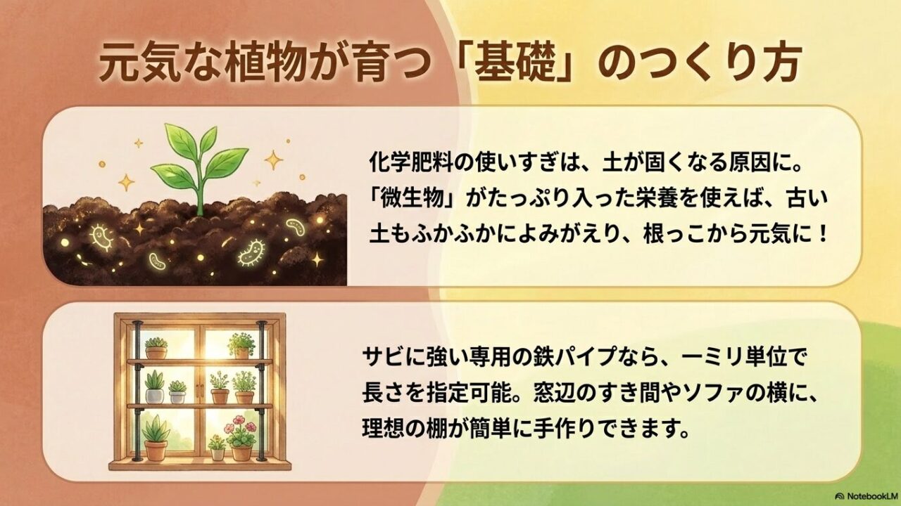 元気な植物が育つ「基礎」のつくり方。微生物たっぷりの栄養で土をふかふかにする土壌改良や、サビに強い専用鉄パイプを使ったミリ単位で指定可能な自作植物棚について説明しています。