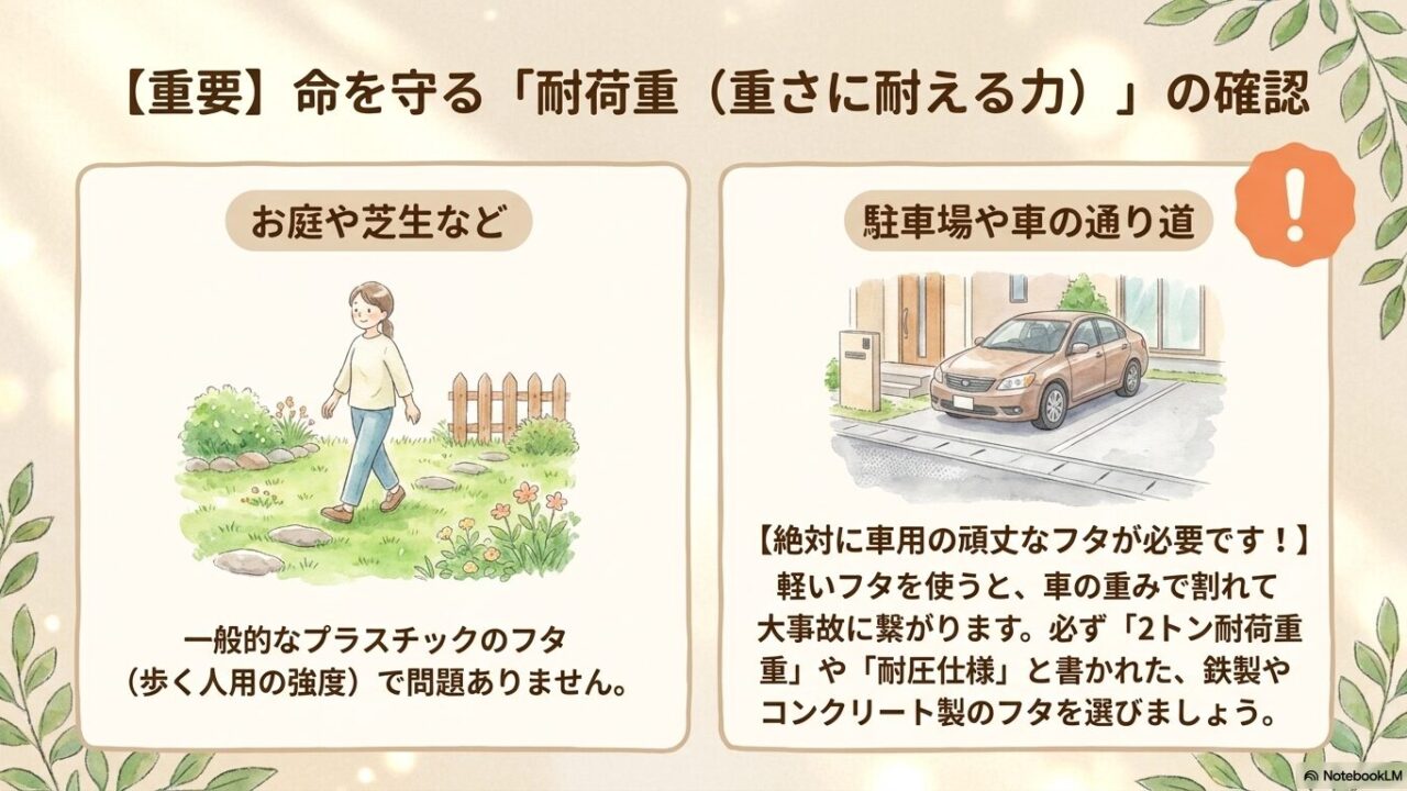駐車場などの車の通り道には、割れて大事故に繋がらないよう、必ず2トン耐荷重や耐圧仕様の頑丈なフタが必要であるという注意喚起