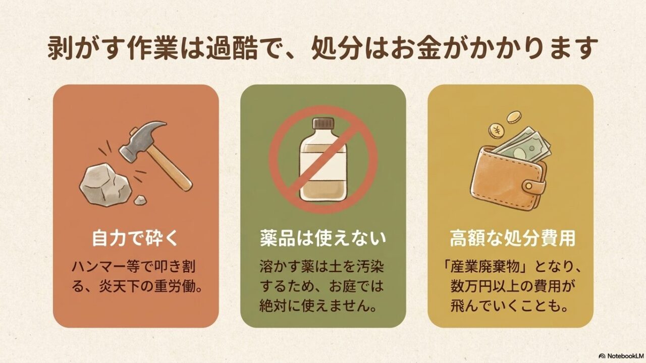 砂利をハンマーで叩き割る重労働、禁止されている薬品、高額な処分費用で飛んでいくお金のイラスト