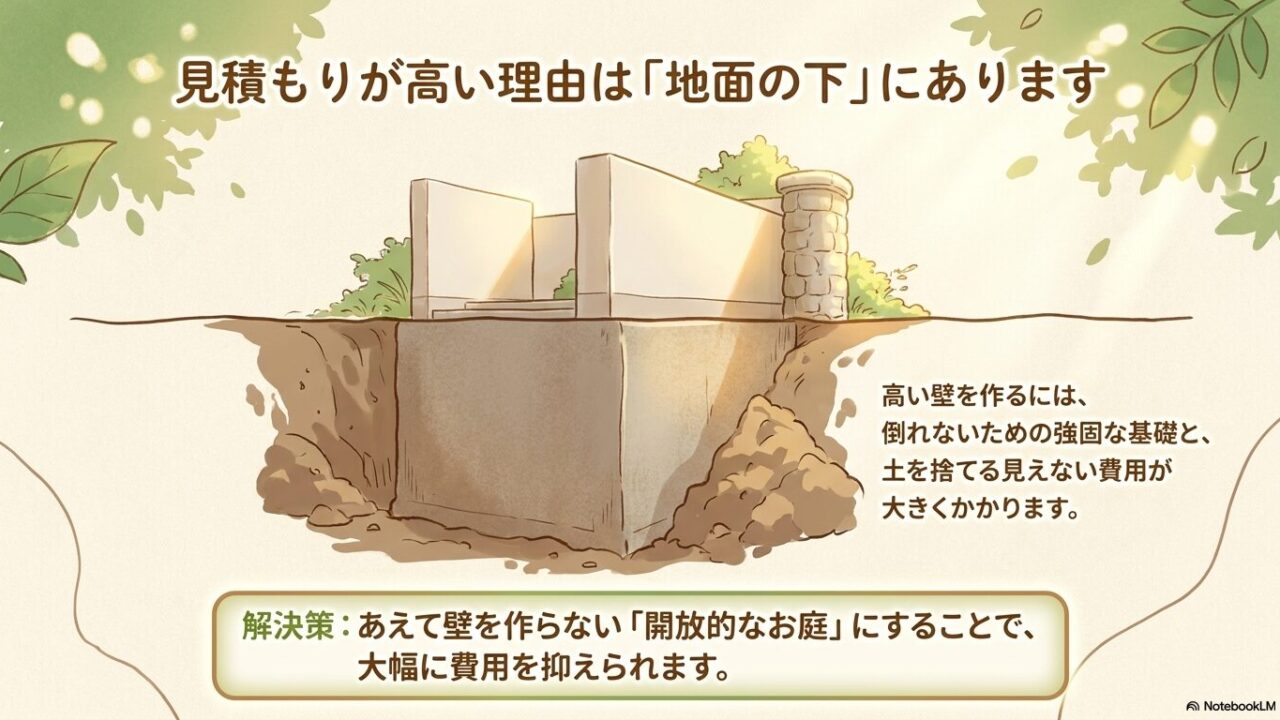 高い壁を作るための基礎工事や土の処分費用と、壁を作らないオープン外構によるコストダウンの解説