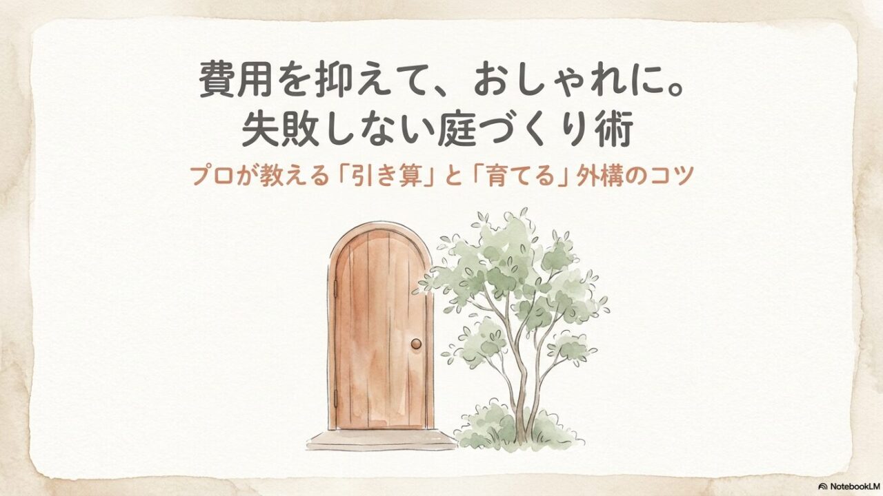 外構をおしゃれに費用を抑えて作る、失敗しない庭づくり術の表紙スライド