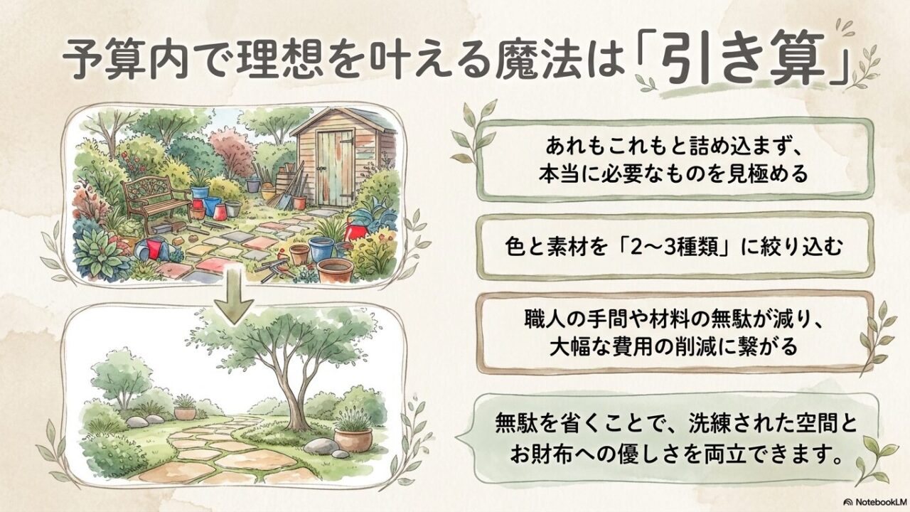 外構のデザイン要素を削ぎ落とし素材を2〜3種類に絞ることで費用を抑える解説スライド