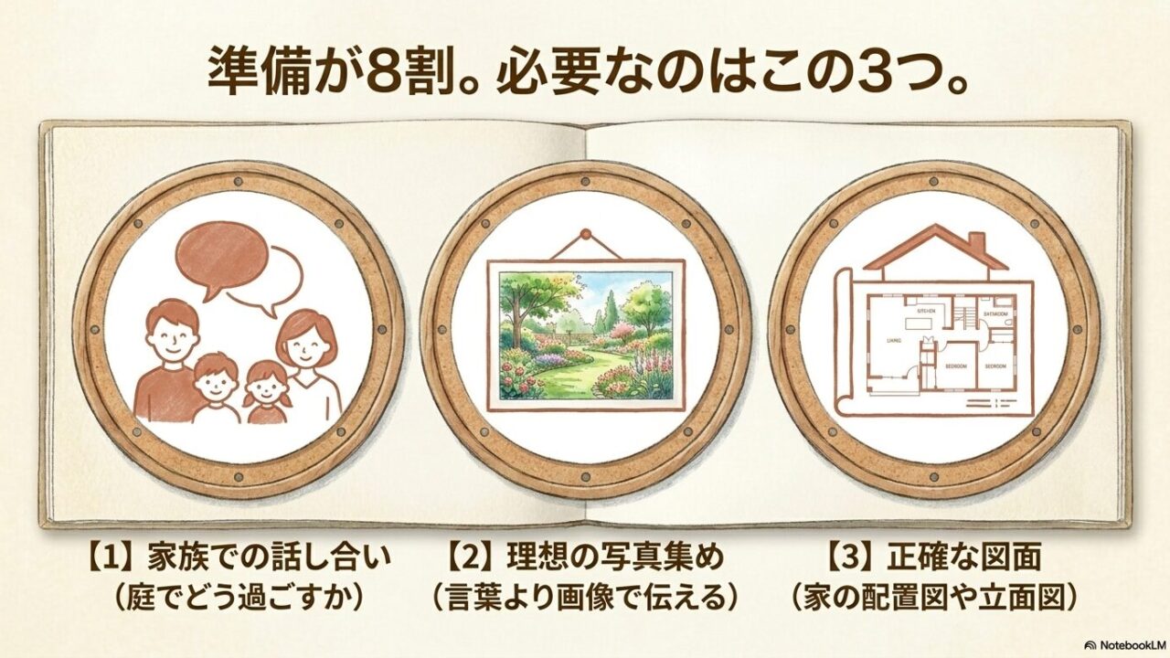本文で解説している「要望の整理（話し合いや写真集め）」と「図面」の重要性を、スライドの「必要なのはこの3つ」というメッセージで強調します