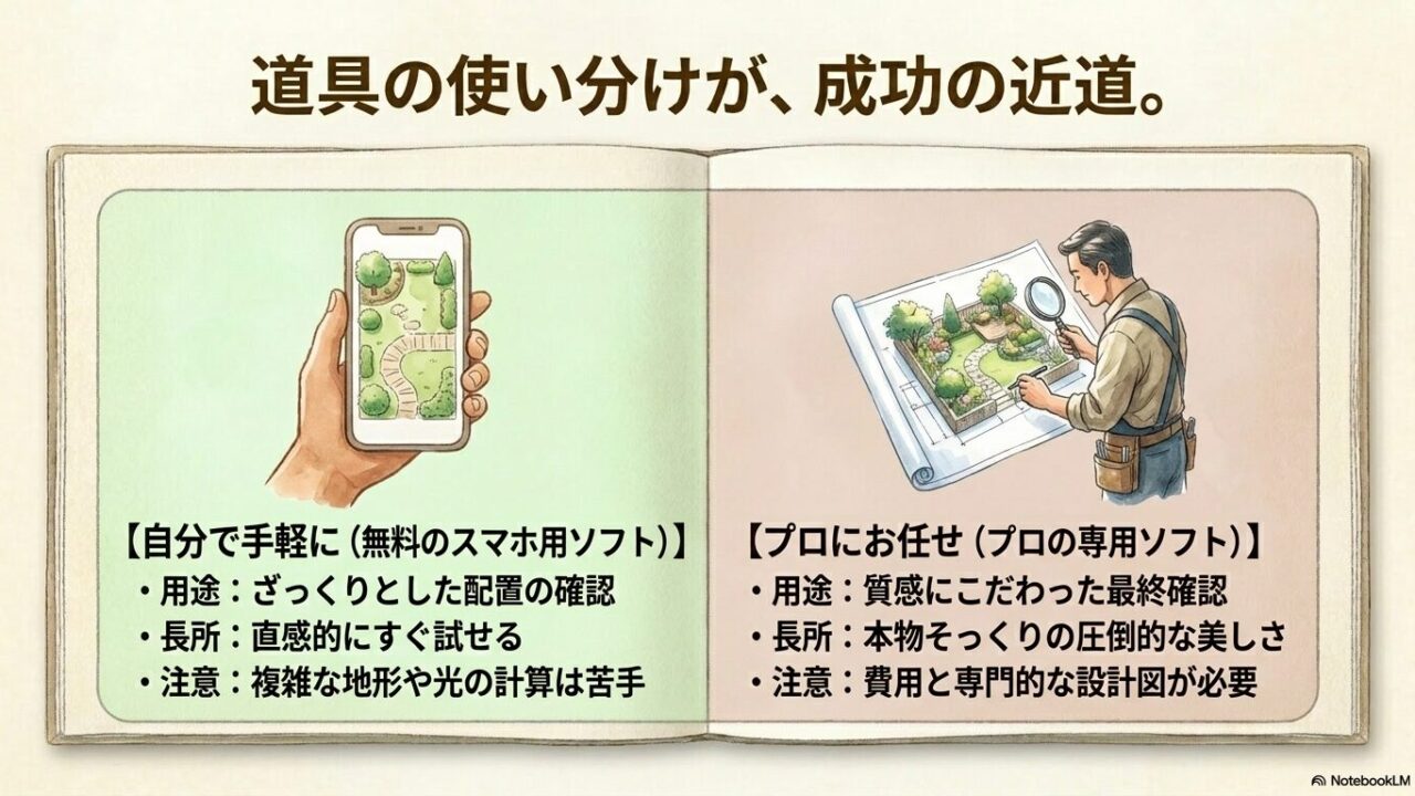 ざっくりとした配置確認に使う手軽なスマホ用ソフトと、質感にこだわるプロの専用ソフトの使い分け