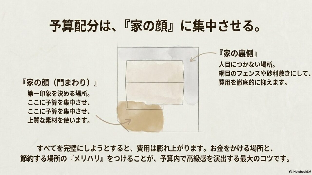 人目につかない家の裏側は費用を徹底的に抑え、第一印象を決める門まわり（家の顔）に予算を集中させる予算配分のコツを図解。