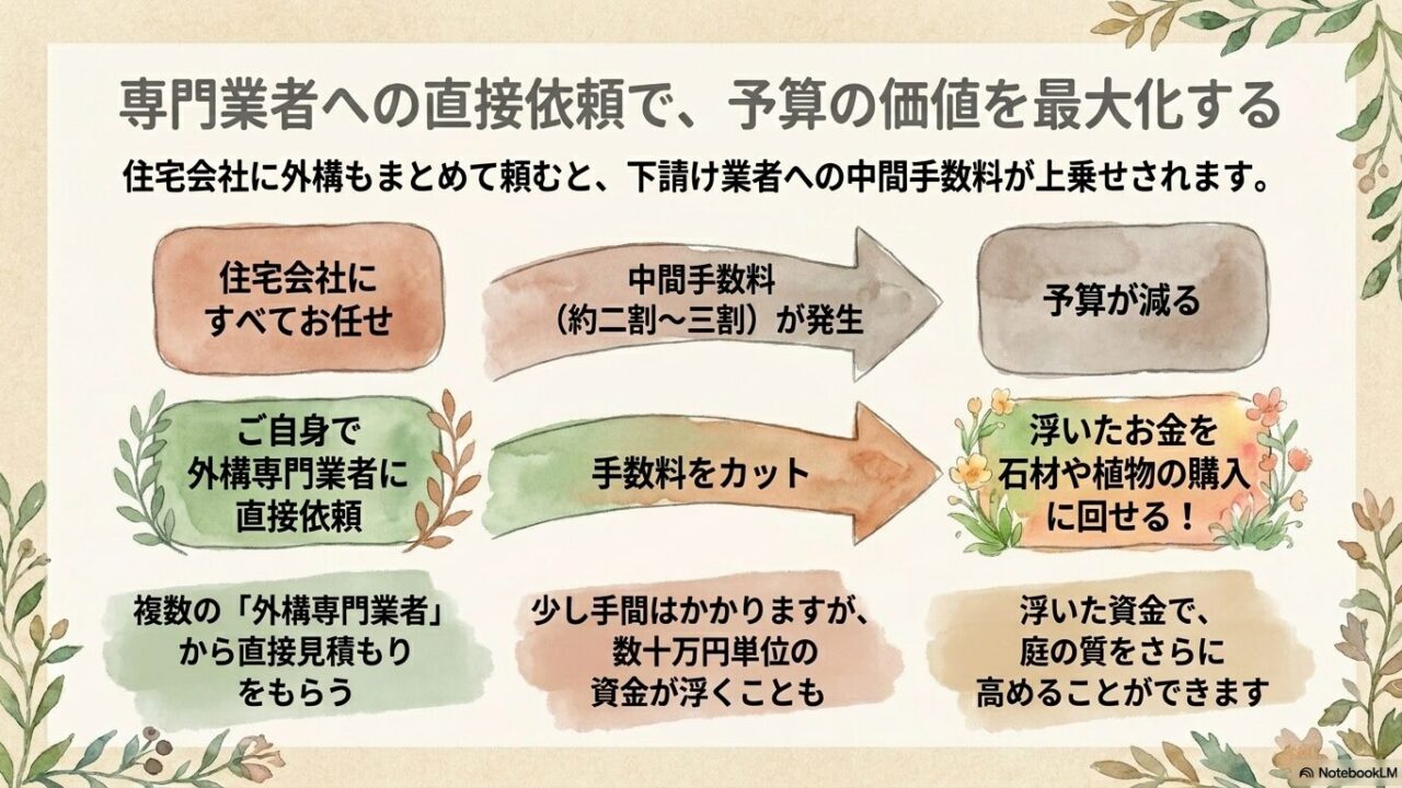 ハウスメーカー経由と外構専門業者への直接依頼による費用差（中間マージン）の比較スライド