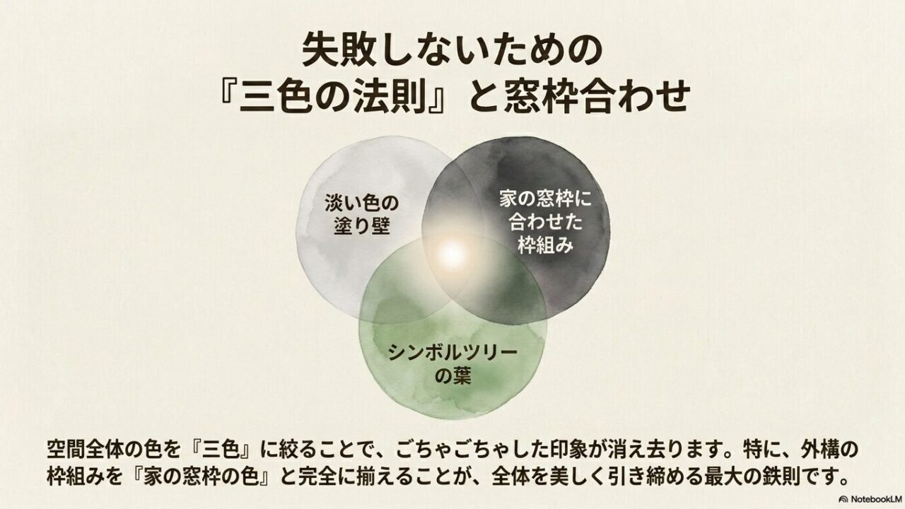 外構空間の色を3色に絞り、フェンスなどの枠組みを家の窓サッシの色と完全に揃えることで全体を引き締める基本ルールを図解。