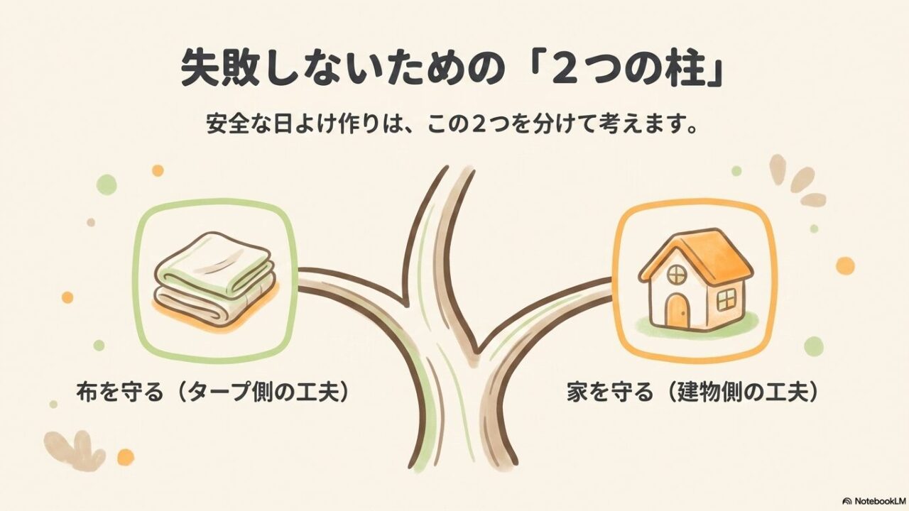 安全な日よけ作りのためのタープ側(布を守る)と建物側(家を守る)の2つの工夫