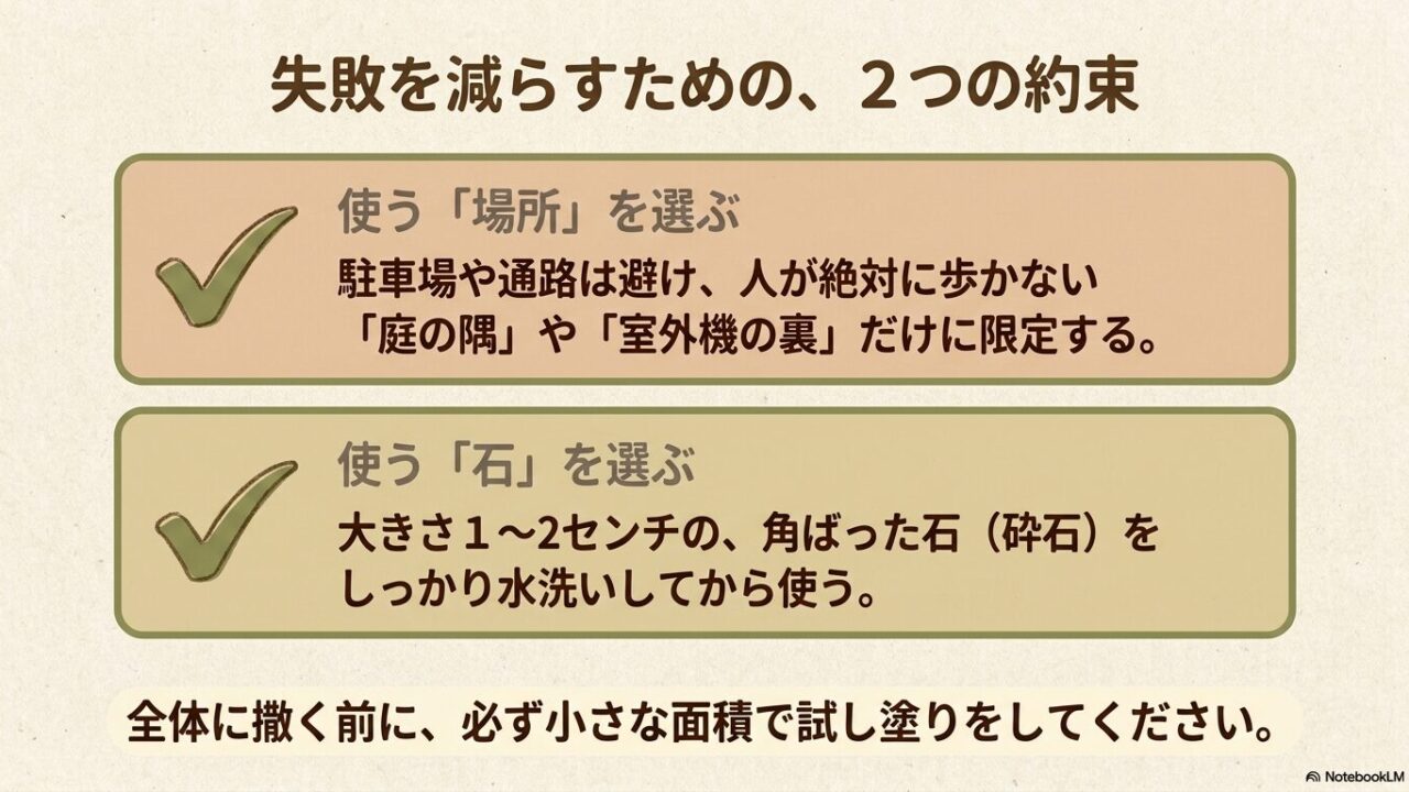 人が歩かない場所への限定、1〜2センチの角ばった砕石の推奨、試し塗りの重要性を伝えるスライド