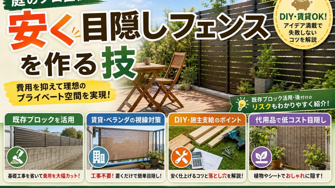 庭のプロ直伝の安い目隠しフェンス特集サムネイル。DIY・賃貸対応の視線対策方法を紹介し、既存ブロック活用、ベランダシェード、自立型フェンス、代用品活用など低コストでプライベート空間を作るアイデアを解説している。