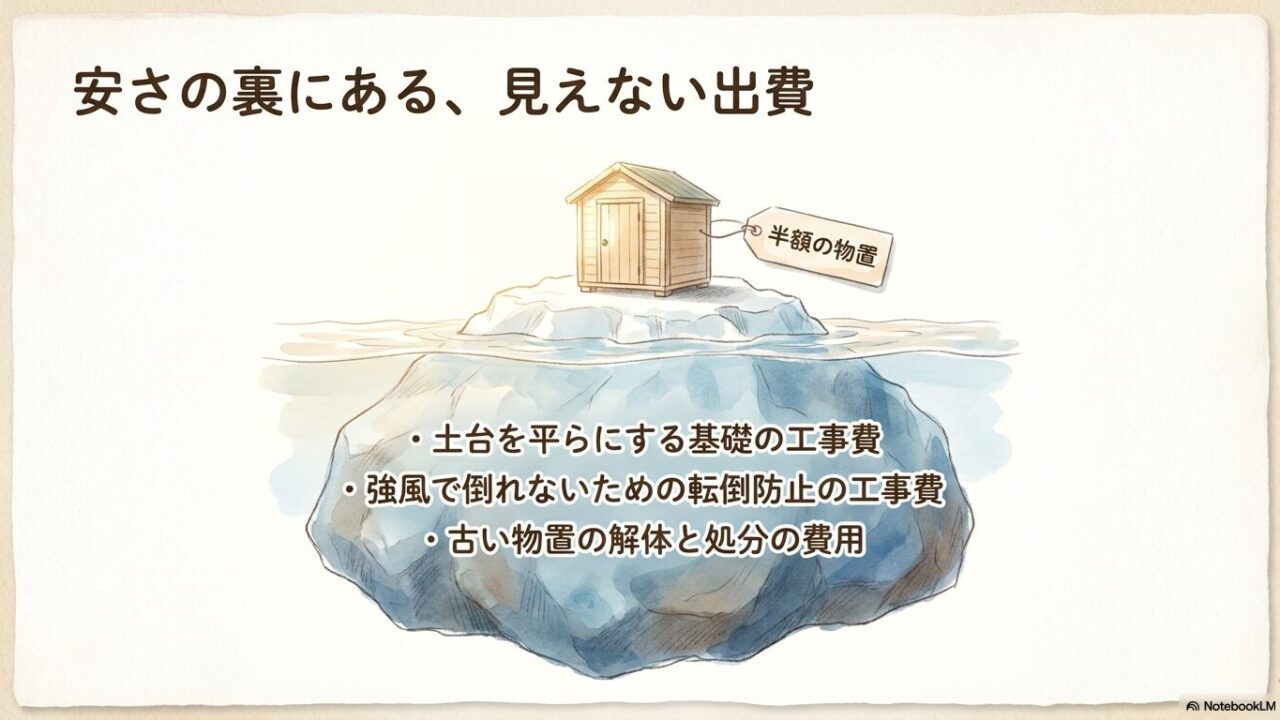 半額の物置購入時に発生する、基礎の工事費、転倒防止の工事費、古い物置の解体と処分費などの見えない出費の解説