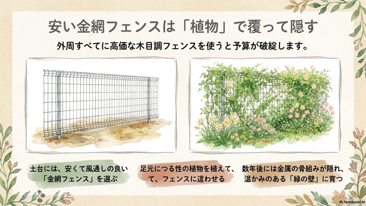 安価なメッシュフェンスにつる性植物を這わせておしゃれな緑の壁にする目隠し術のスライド