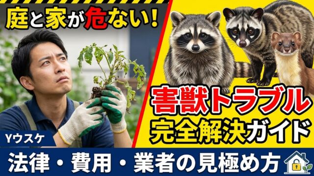 造園のプロ「ユウスケ」が解説する害獣対策のサムネイル。荒らされた植物を持つ心配そうな男性と、アライグマ、ハクビシン、イタチのイラスト。テキストで「庭と家が危ない！」「害獣トラブル完全解決ガイド」「法律・費用・業者の見極め方」と書かれている。