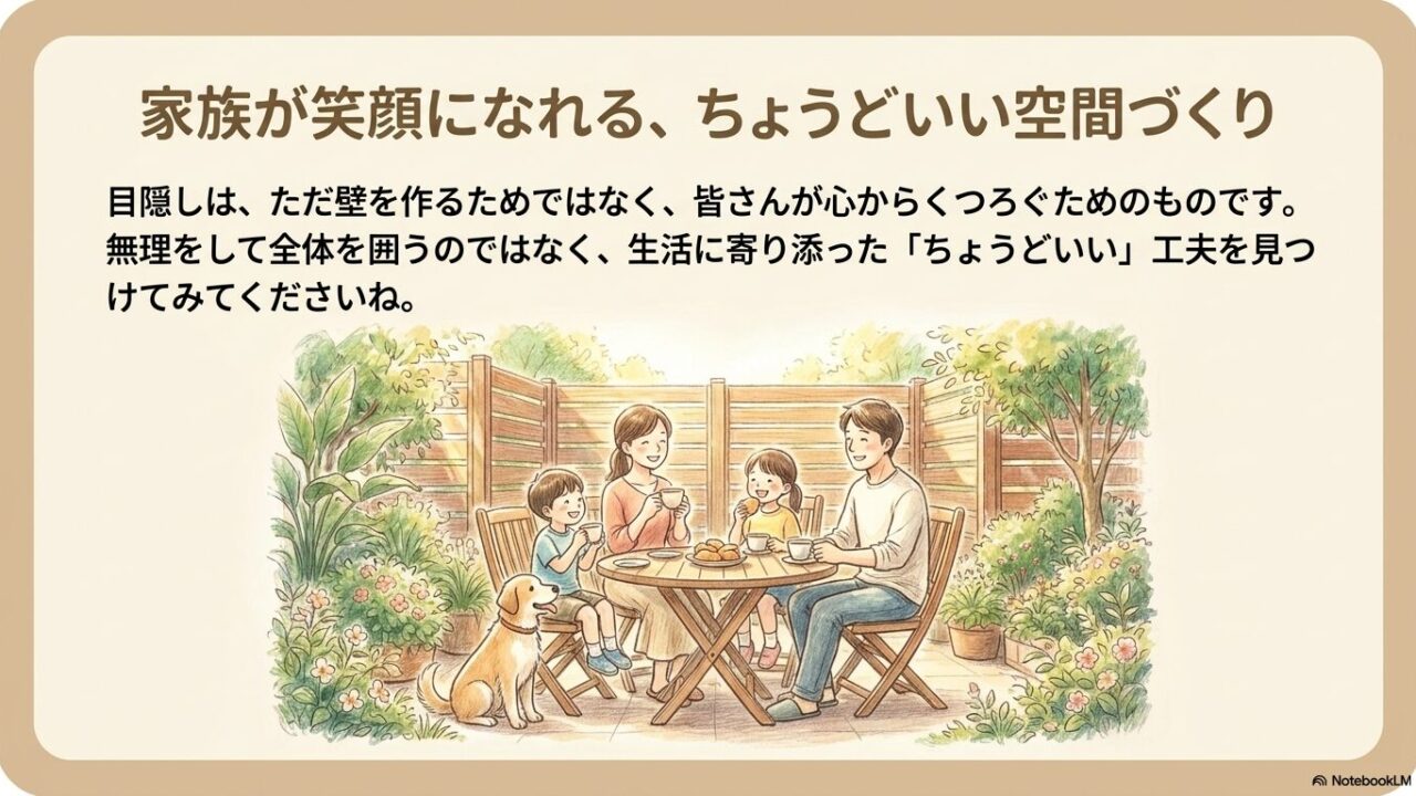 お庭の目隠しフェンスの中で家族が心からくつろぐ様子
