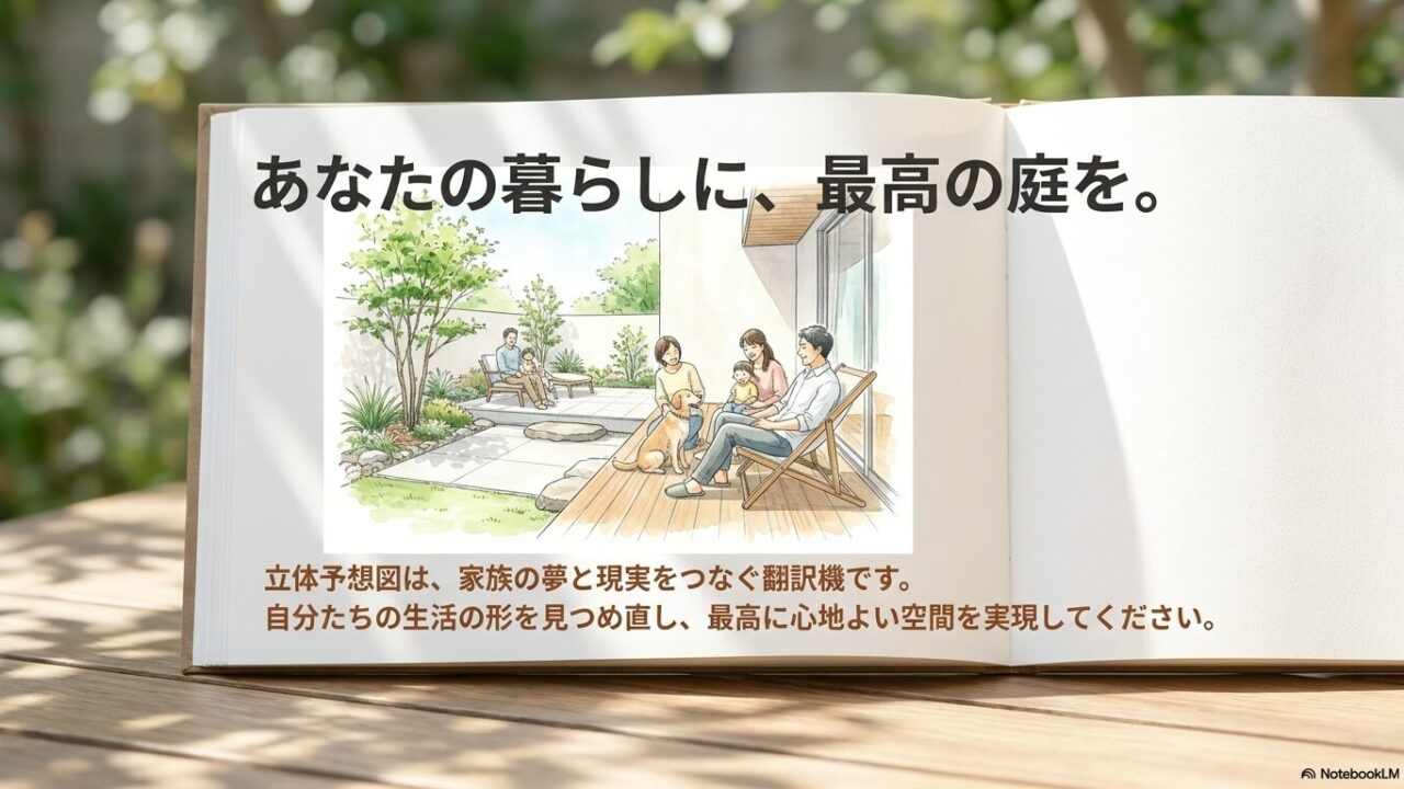 ウッドデッキでくつろぐ家族と犬の様子を描いた、生活の形を見つめ直して実現した心地よい空間
