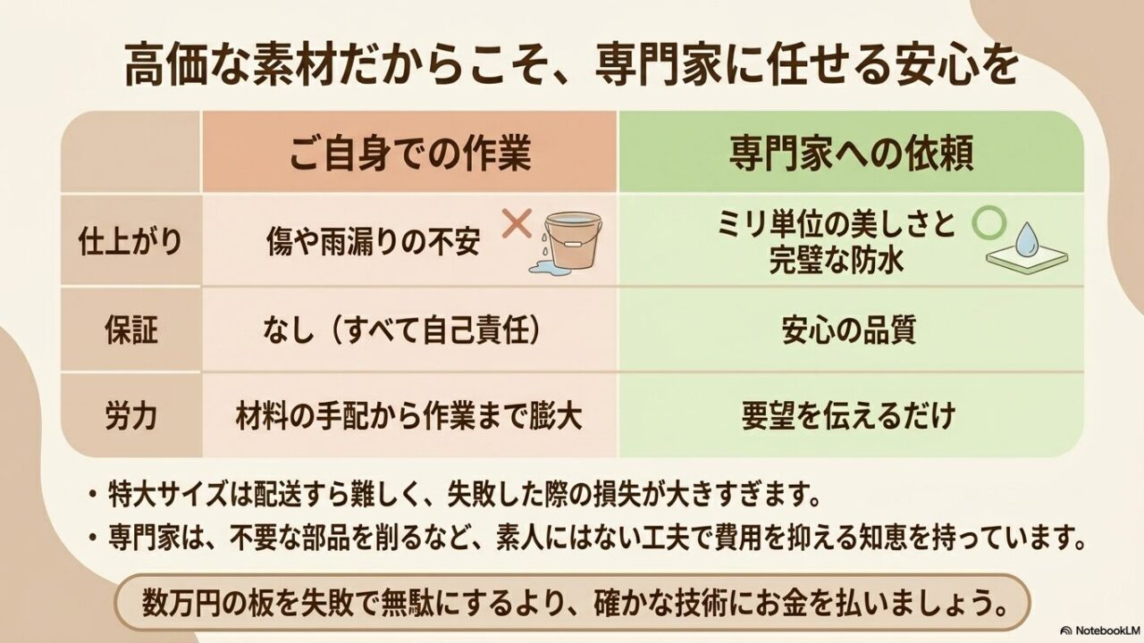 仕上がり、保証、労力の面から見たDIYとプロの専門家との比較表