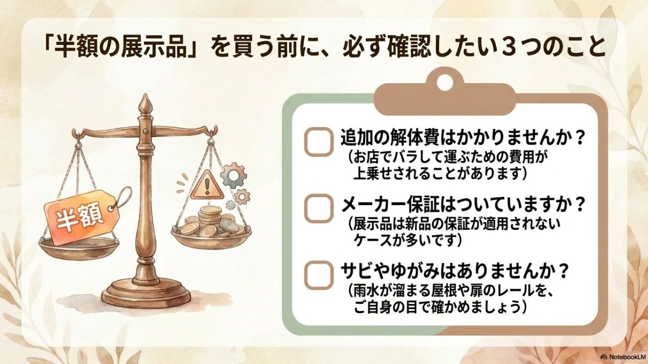 半額の展示品を買う前に確認すべき、追加の解体費、メーカー保証の有無、サビやゆがみの3つのポイント