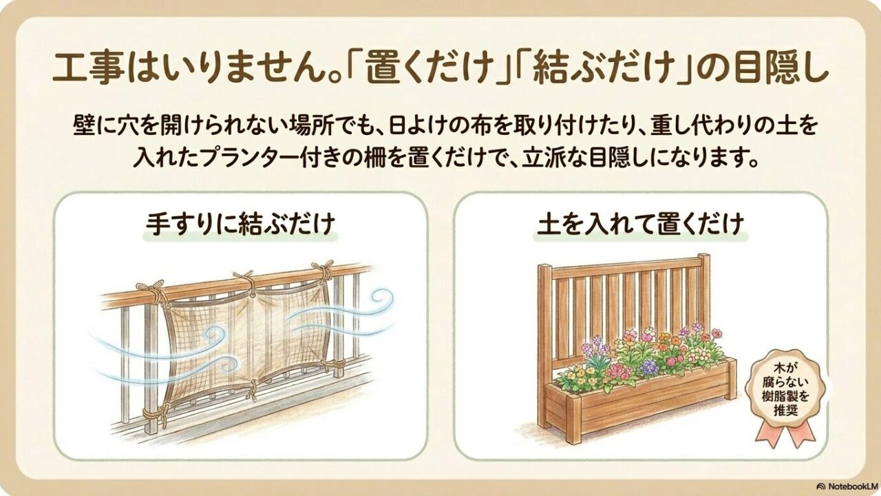 手すりに結ぶだけの日よけ布と土を入れて置くだけのプランター付きフェンス